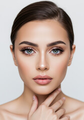 Close-up Portrait of a Woman with Flawless Makeup and Long Eyelashes
