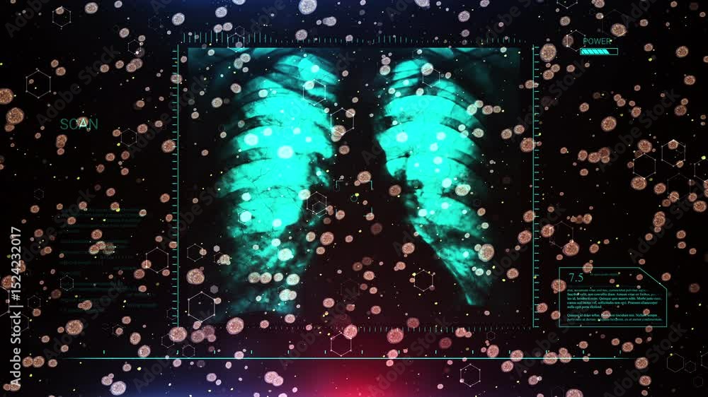 Poster futuristic medical scan of lungs with data overlay and particle effects