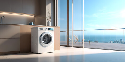 Close-up of a washing machine in a bright and clean interior