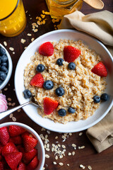 Top view of Clean healthy eating concept, a healthy bowl of Oatmeal