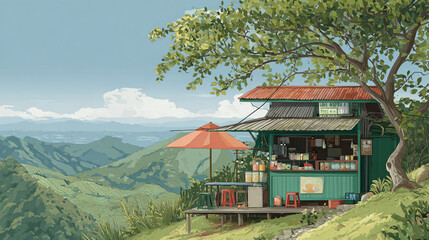 A green shack on a hill with a red umbrella and a tree with mountains in the background on a sunny day on 