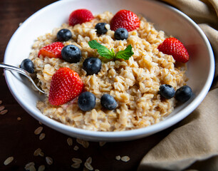 Bowl of oatmeal with blueberries and strawberries on rustic dark wood chopping board.