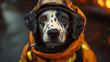 Dalmatian dog in firefighter gear, fire background, sparks falling, rescue mission