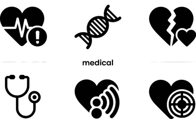 Medical icons set heart stethoscope dna broken heart