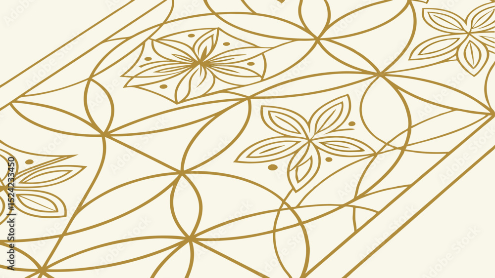 Poster floral pattern with golden lines and circular shapes on a cream colored background design element cr