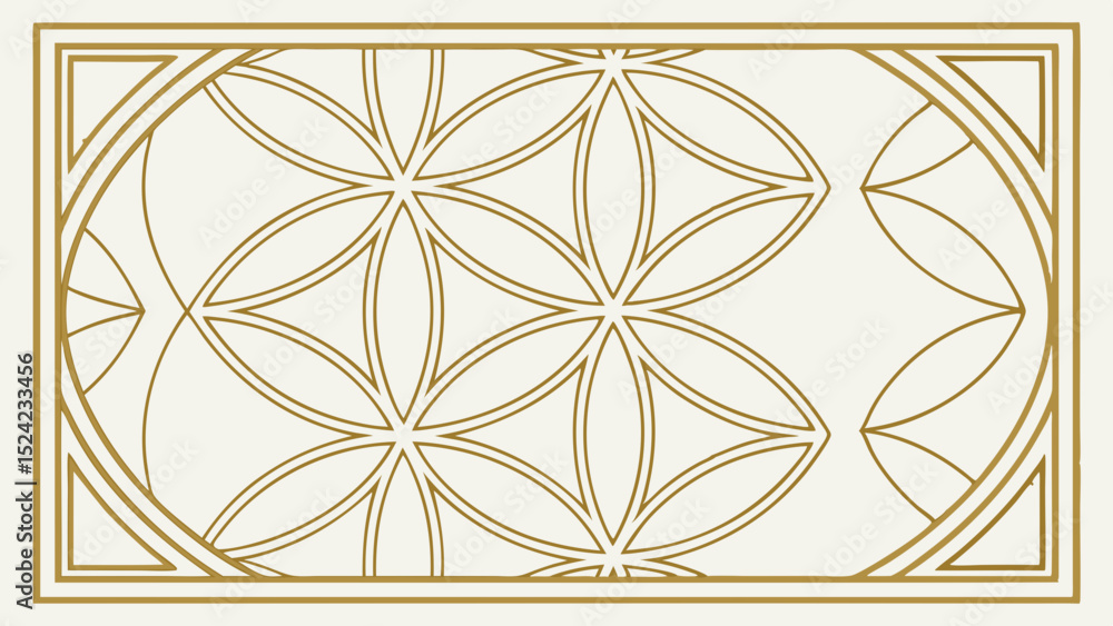 Poster geometric flower of life pattern in gold with a rectangular and oval border design element on white 