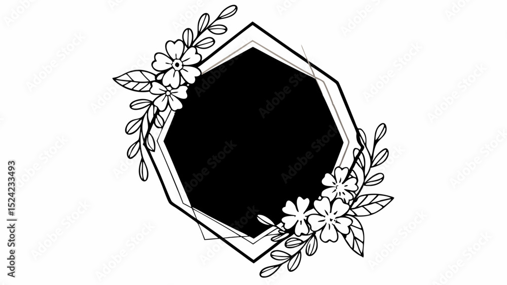 Poster floral frame with hexagon shape and leaves decoration in black and white line art style design eleme