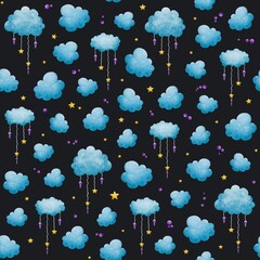 Seamless pattern with watercolour blue clouds, yellow stars, and dangling raindrop-like purple beads on strings on a black background