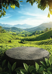 Wooden Tabletop with Green Tea Farm and Sky – Blurred Background - Round Timber Table with Beautiful Tea Garden View - Wood Surface with Scenic Blurry Tea Fields and Clear Sky