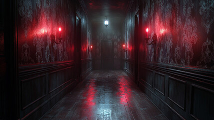 Dark, foggy hallway with red lights in haunted house