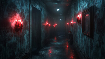 Dark hallway, red candles, spooky mansion, foggy, mystery