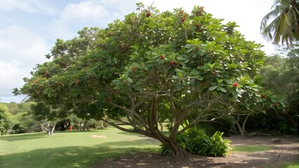 Allspice tree growing in tropical spice garden with green berries