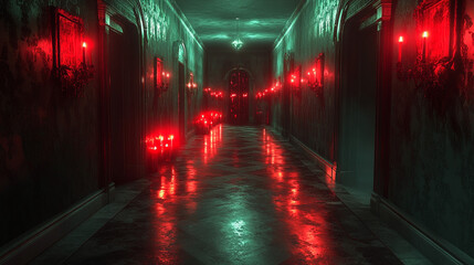 Dark mansion hallway with red candles, eerie atmosphere