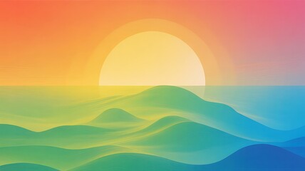 Obraz premium Horizon's Embrace: Sun dips towards a tranquil sea creating gradient layers, offering serenity and tranquility.