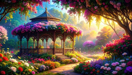 Obraz premium Dreamy Garden Pavilion with Iridescent Blooms