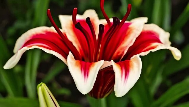 Timelapse of a gloriosa lily blooming with dramatic curling red and yellow petals, showcasing a striking and unusual floral form. Created with generated AI.