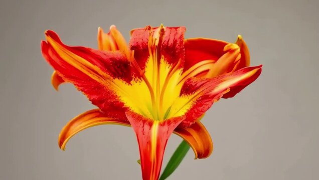 Timelapse of a gloriosa lily blooming with dramatic curling red and yellow petals, showcasing a striking and unusual floral form. Created with generated AI.
