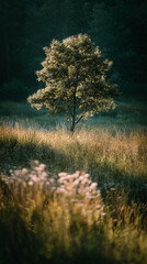 A lone tree stands in a field of tall grass under a soft light on a sunny day in the countryside on 