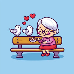 Elderly Affection: A heartwarming scene unfolds as an elderly figure, radiating joy and affection, interacts with a pair of doves on a park bench, creating a moment of connection and shared love.