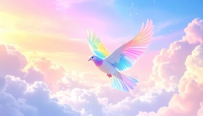 Fototapeta premium Glowing Bird with Rainbow Feathers in Fantasy Sky