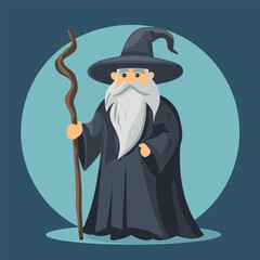 Obraz premium Enchanting Wizard with Staff: A venerable wizard, clad in flowing robes and a pointed hat, stands tall holding a magical staff. His long.