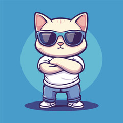 Cool Cat in Shades: A stylish cartoon cat, sporting cool sunglasses and a casual outfit, stands confidently with arms crossed against a vibrant blue background.