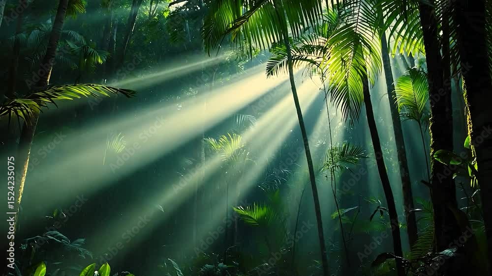 Poster sunlight filtering through a lush rainforest canopy.