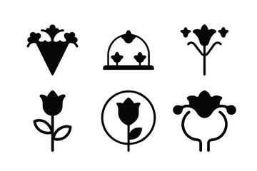 A set of vector icons with black silhouettes of nature, animal, and love symbols including hearts, birds, cats, trees, and flowers for eco design illustration