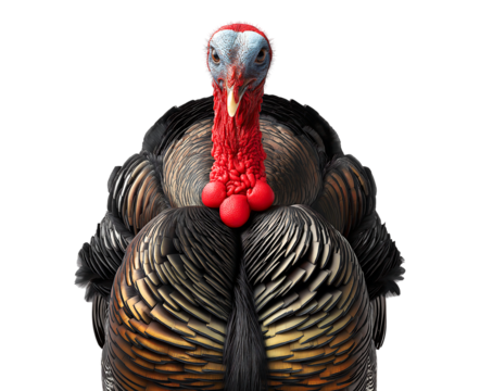 A portrait of an anthropomorphic turkey looking straight at the camera, isolated on a transparent background