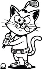 Cartoon cat character with golf club ready to swing at the golf ball