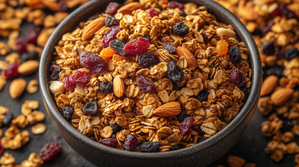 Bowl of crunchy granola with colorful dried fruit and almonds, milk surrounding the mix, top-down view with soft sunlight and vibrant colors
