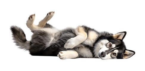 Fototapeta premium A cute Alaskan Malamute dog playing, rolling over on its back with one leg up in the air, against a transparent background