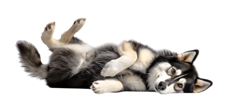 A cute Alaskan Malamute dog playing, rolling over on its back with one leg up in the air, against a transparent background