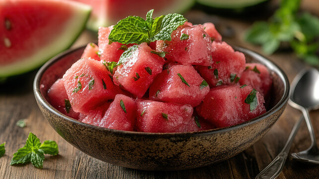 Close-up of vibrant watermelon sorbet scoops in rustic bowl on wooden table, fresh watermelon slices, mint leaves, silver spoons, bright summer dessert, refreshing cold treat  - Powered by Adobe
