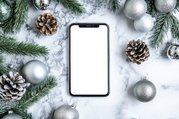 Smartphone centered on white marble, surrounded by Christmas ornaments and pine branches