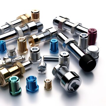 Collection of Color-Coated Metal Components, Variety of metal components in multiple finishes, including anodized and polished elements for precision mechanics