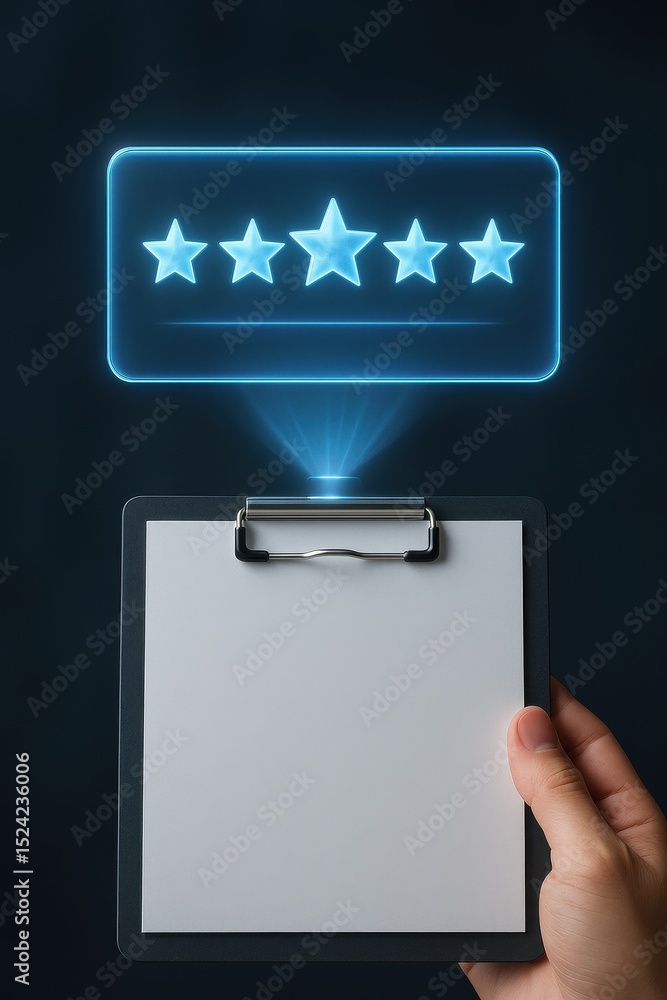 Poster floating holographic interface showcases a rating system above a clipboard in a medical setting