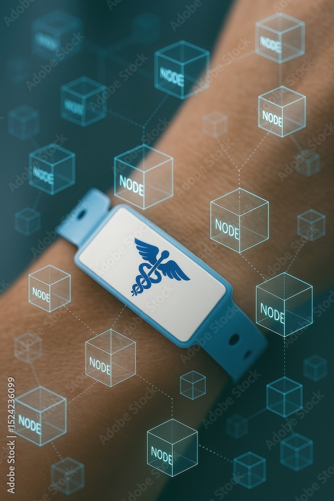 Poster medicine technology combines healthcare with blockchain nodes for secure patient data management