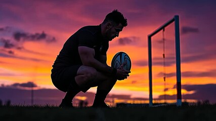 Silhouette of a man holding a rugby ball at sunset