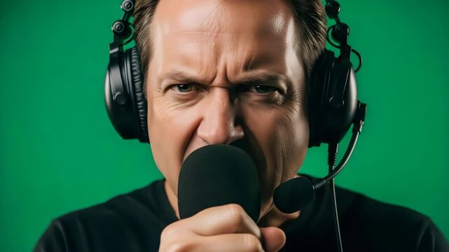 Excited commentator yelling into mic