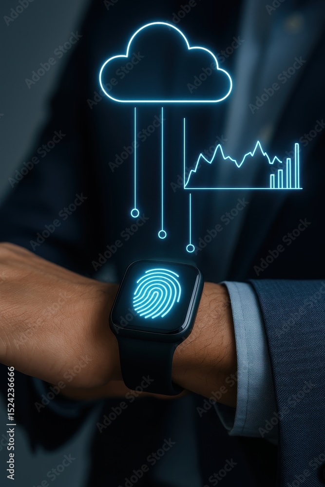 Poster glowing biometric metrics displayed on a smartwatch during a healthcare demonstration event