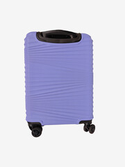 Stylish purple suitcase ready for travel at the airport terminal on a sunny day