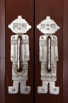 Albuquerque, New Mexico, USA. Door handles in the pueblo deco style. Route 66.