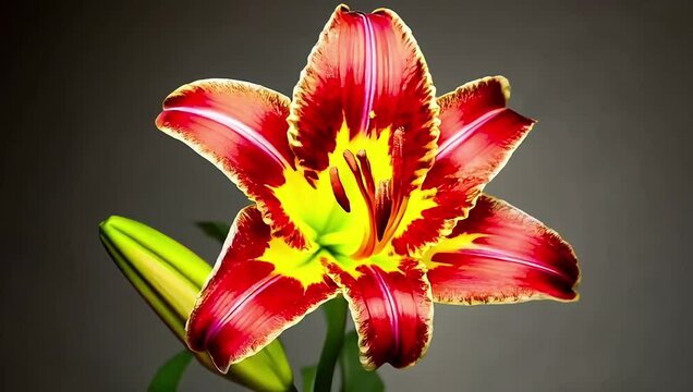 Timelapse of a gloriosa lily blooming with dramatic curling red and yellow petals, showcasing a striking and unusual floral form. Created with generated AI.