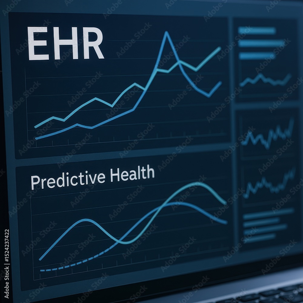 Poster screen shows overlapping ehr data with health analytics trends in a clinical setting