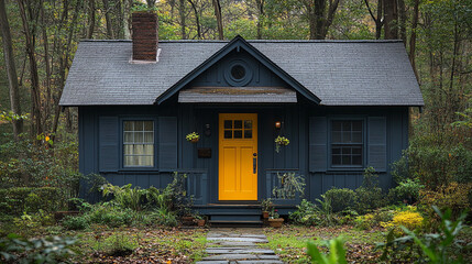 Cozy cottage with yellow door in autumn forest setting