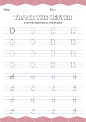 Alphabet Tracing Worksheet – Uppercase and Lowercase Letter D Printable for Kids – Handwriting Practice Worksheet for Preschool and Kindergarten