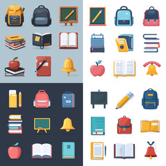 Flat vector icons of school essentials like books, backpacks, apples, bells, chalkboards, and pencils. Ideal for education apps, back-to-school promotions, and learning visuals.

