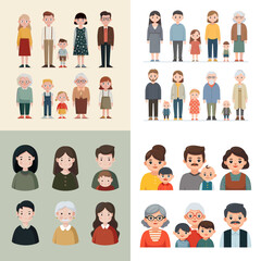 Flat vector illustration of families with grandparents, parents, and children. Ideal for family-related content, education, or healthcare visuals.

