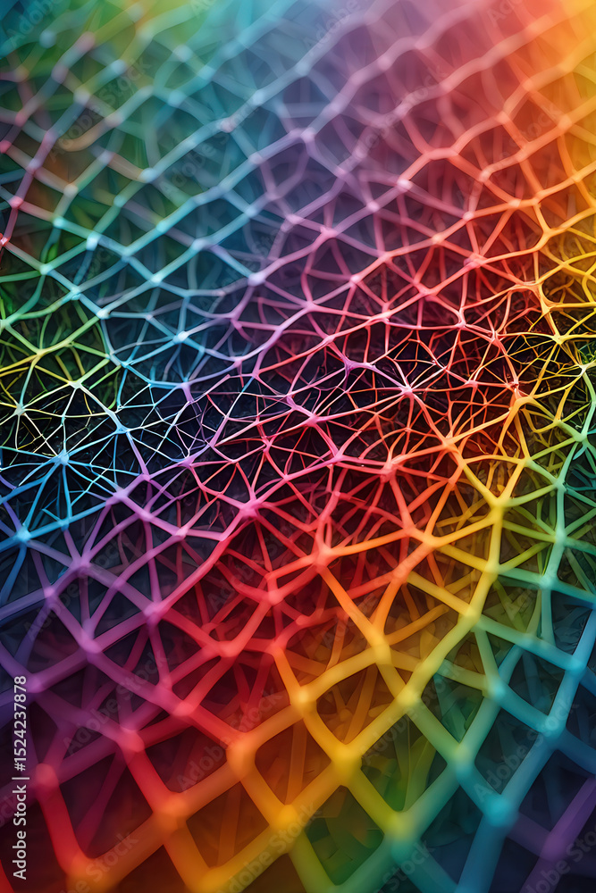 Poster a vibrant rainbow colored net with a complex structure and intricate interwoven lines design abstrac